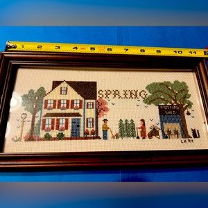 Four vintage handmade cross stitch country scenes